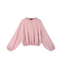 Pink Knitted Cotton Loose Warm Crew Neck Women Lantern Sleeve Sweater Shirt